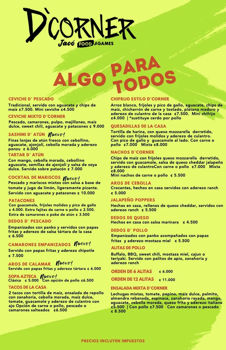 Menú completo de D'Corner en español